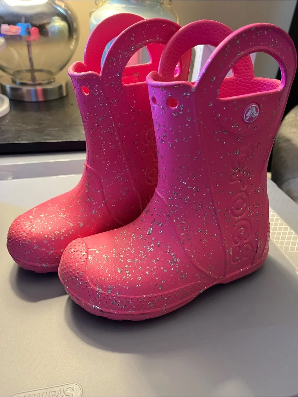 CROCS Kids' Hot Pink Glitter Rain Boots with Built-In Handles